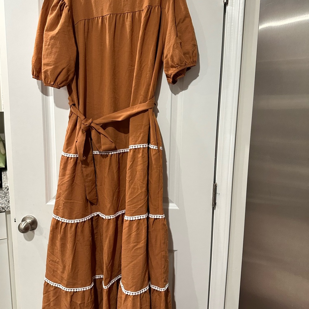 Button-Front Maxi Dress with Tie Belt - Rust - Picture 4 of 4